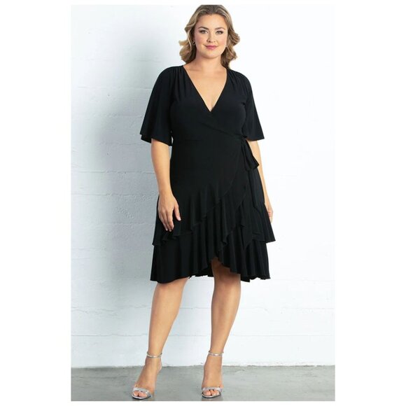 NWT KIYONNA "Miranda" Jersey Flounce Wrap Dress Flutter Sleeve Black Size XL - Picture 1 of 14